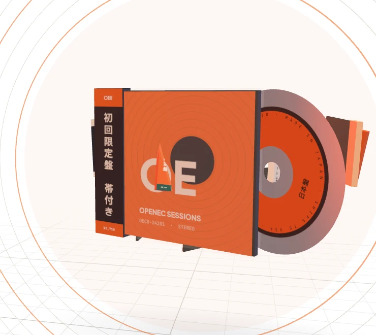 OpenEC 介绍页中的橙色日版 CD 盒与唱片三维场景